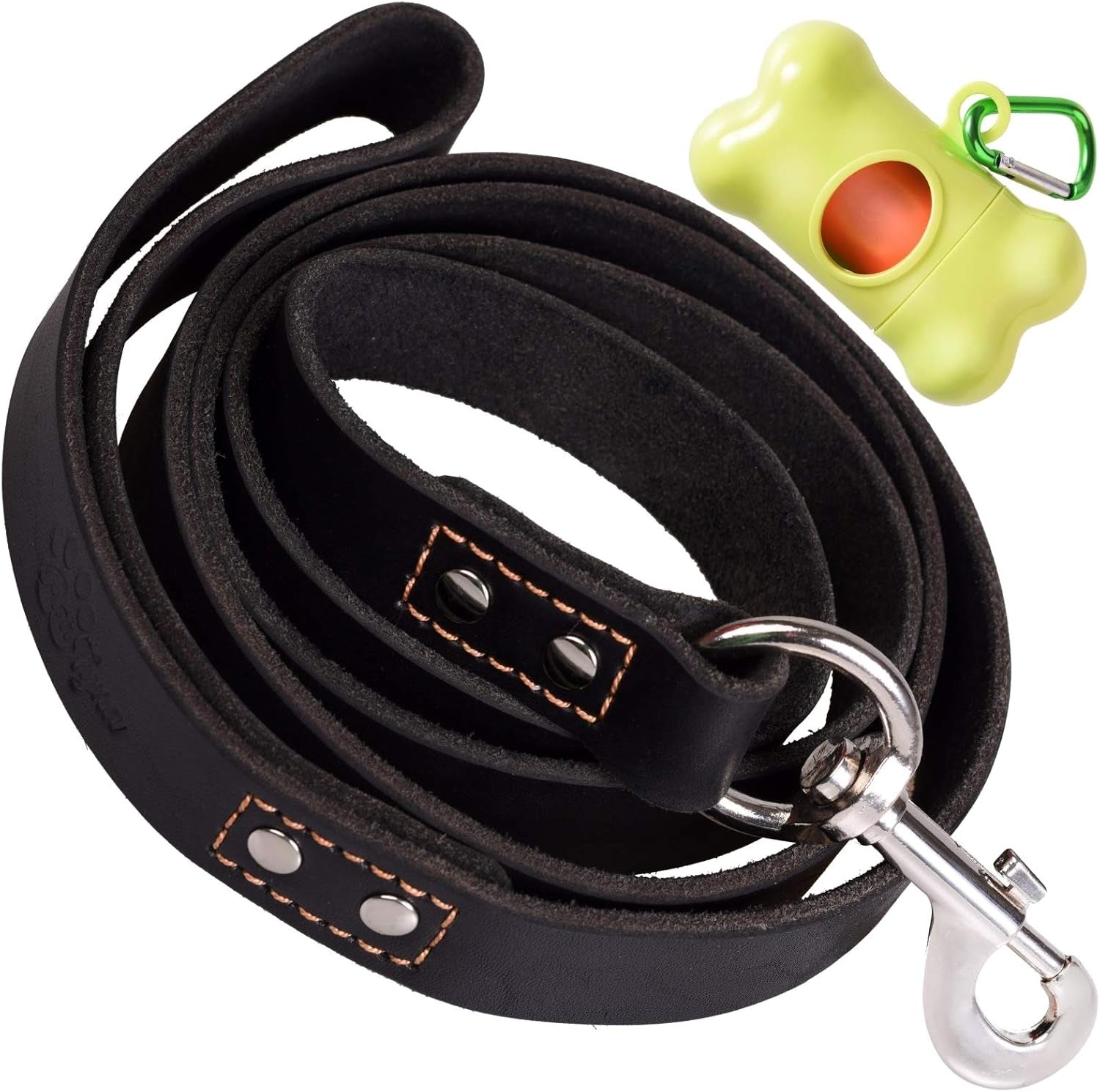 Pawtopix heavy duty leather dog leash in black with metal clasp and green bone-shaped waste bag holder