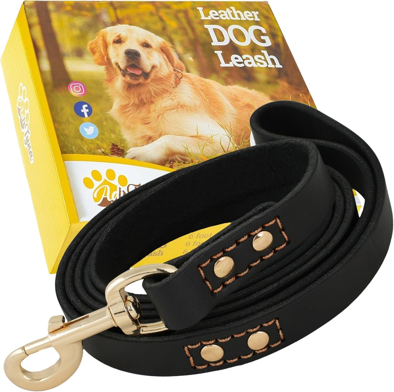 Pawtopix heavy duty leather dog leash in black with metal clasp and packaging featuring a golden retriever
