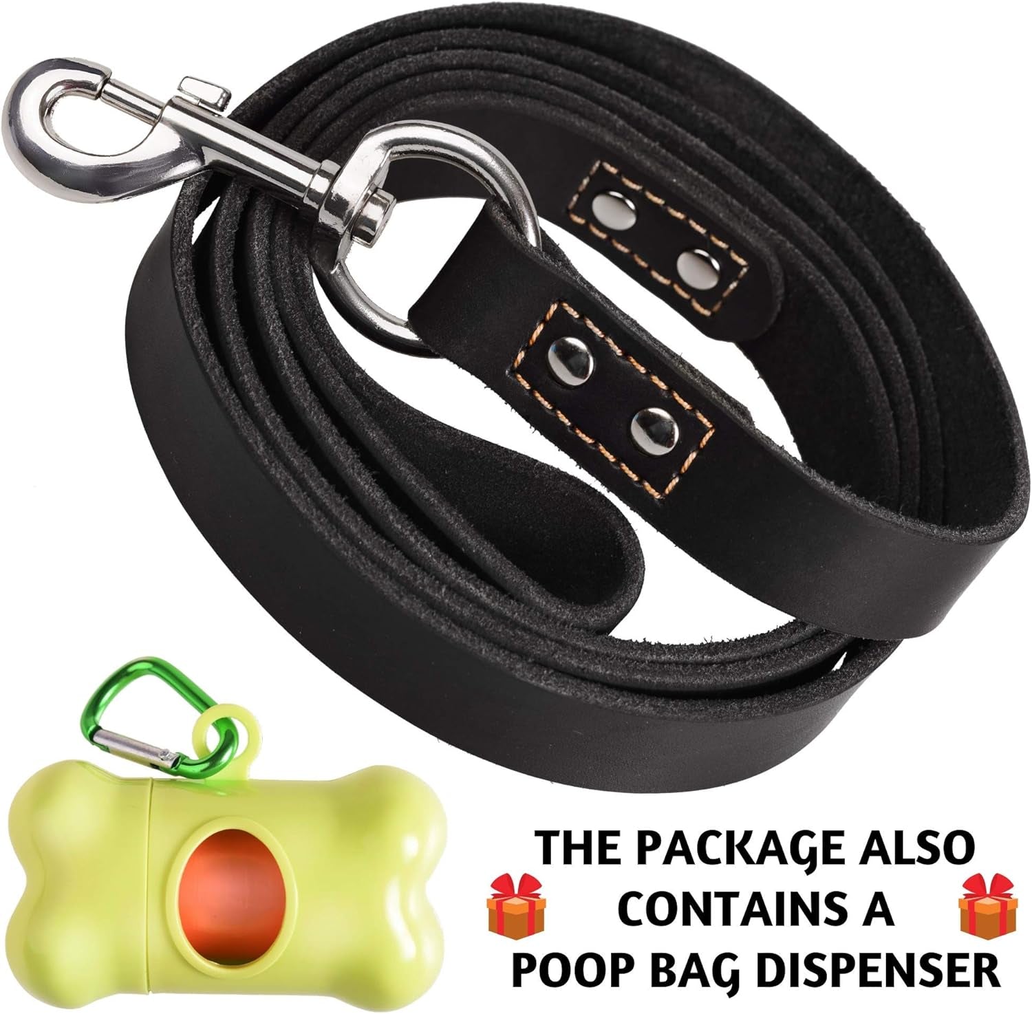 Heavy duty leather dog leash in black with metal clip and included poop bag dispenser by Pawtopix