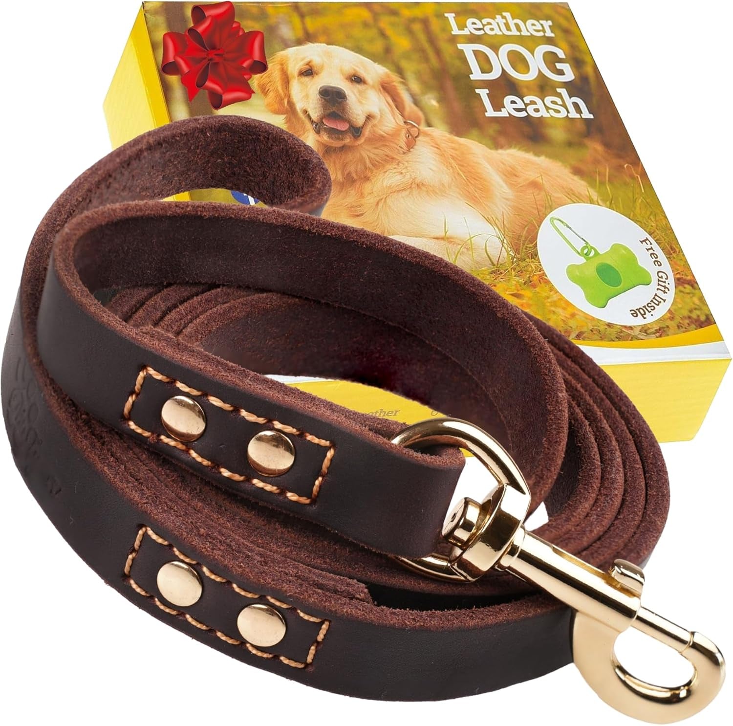 Pawtopix heavy duty leather dog leash in dark brown with metal clasp and strong stitching