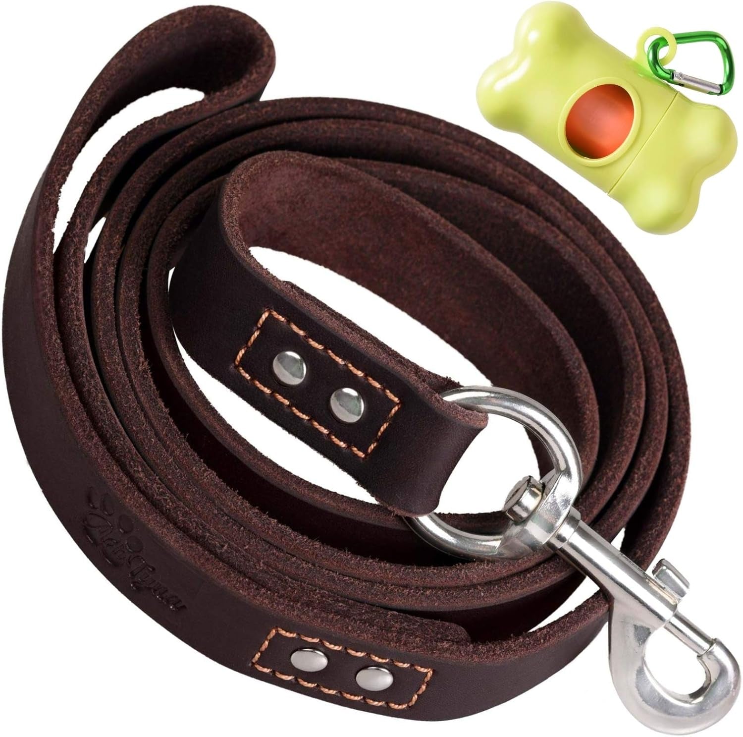 Heavy duty leather dog leash by Pawtopix with metal clasp and included green bone-shaped waste bag dispenser