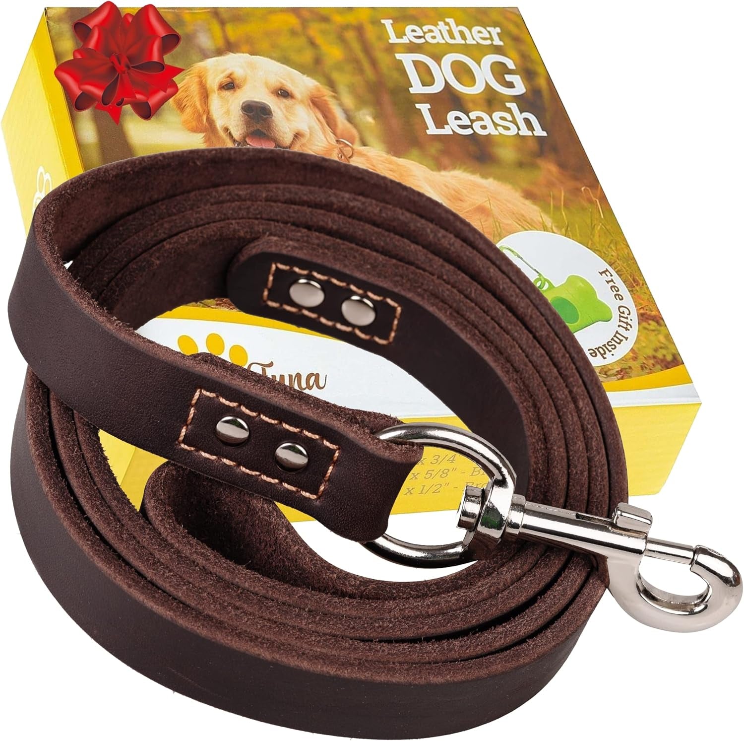 Pawtopix heavy duty leather dog leash in dark brown with metal clip and yellow packaging featuring a dog image