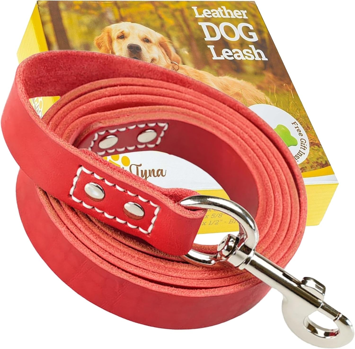 Red heavy duty leather dog leash with metal clasp and Pawtopix packaging featuring a dog image