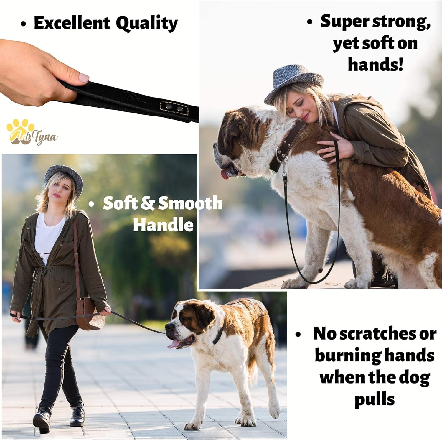 Pawtopix heavy duty leather dog leash with soft handle and durable design shown with woman walking large dog