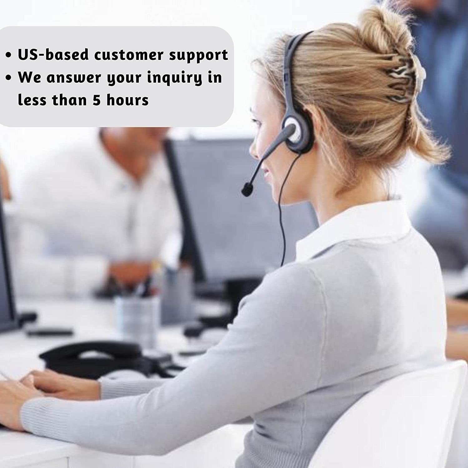 Customer support representative with headset providing US-based assistance for heavy duty leather dog leash