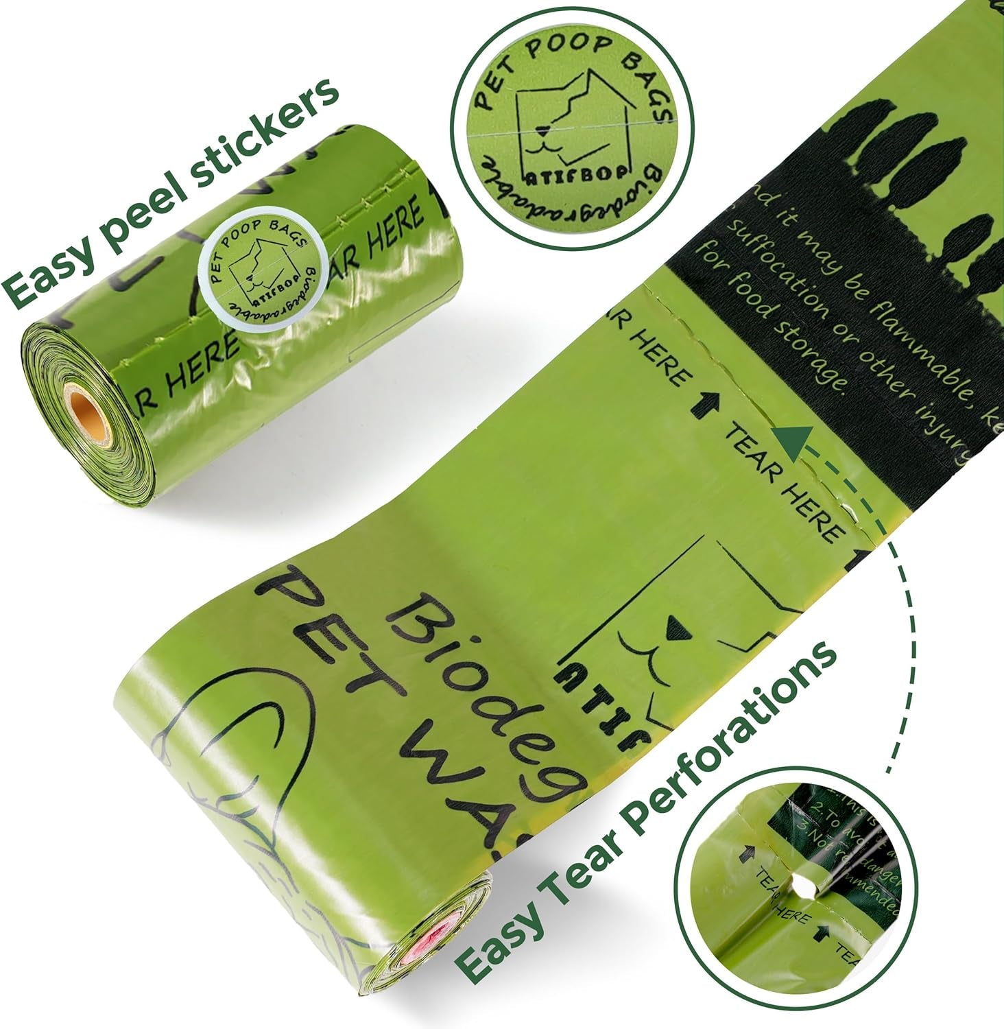 Pawtopix biodegradable dog poop bags in green roll with easy peel stickers and tear perforations