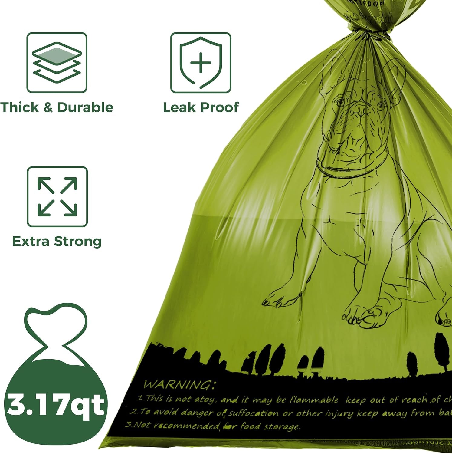 Pawtopix biodegradable dog poop bags in green with thick durable leak proof and extra strong features