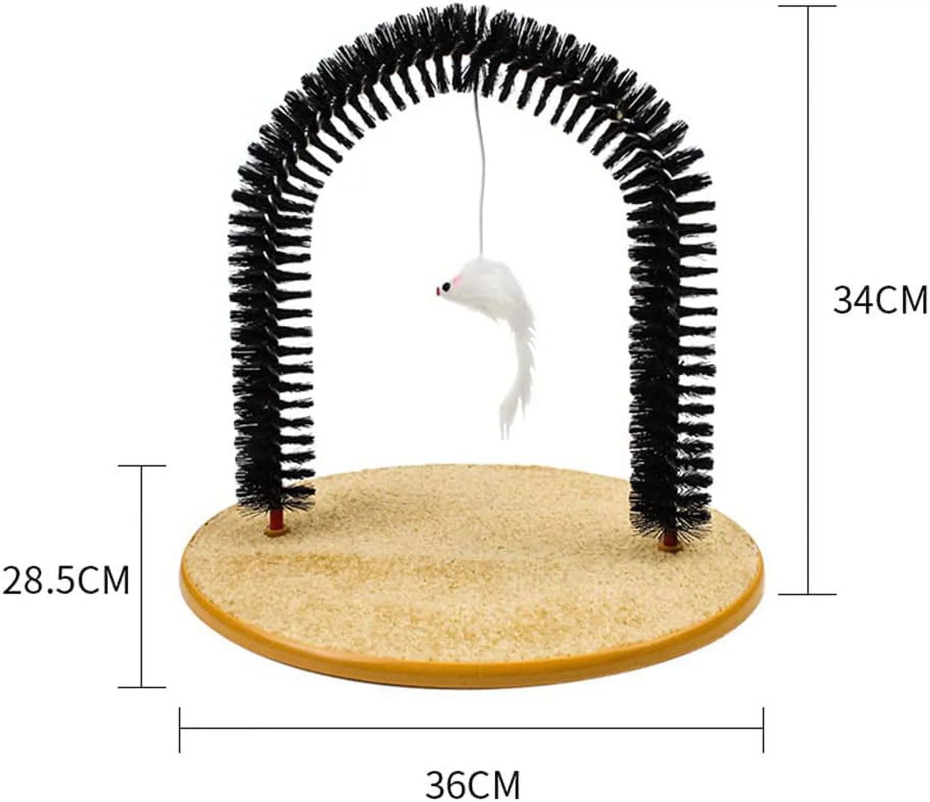 Pawtopix cat scratcher with catnip featuring a circular base and black arch with hanging feather toy