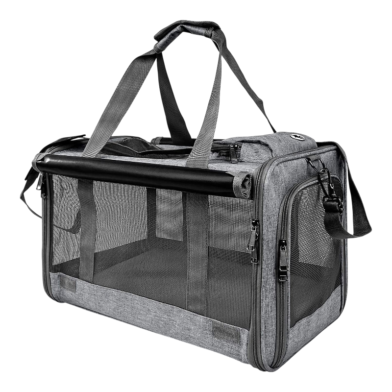 Gray Pawtopix soft-sided pet carrier for medium cats and dogs with mesh panels and shoulder strap