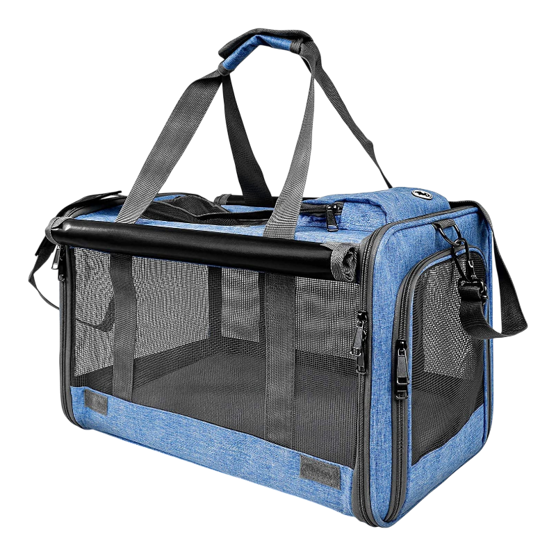 Pawtopix blue soft sided pet carrier for medium cats and dogs with mesh panels and shoulder strap