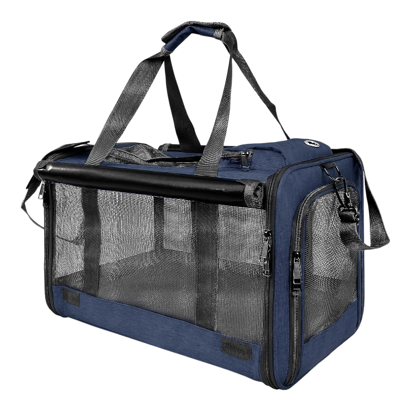 Pawtopix blue soft sided pet carrier for medium cats and dogs with breathable mesh panels and shoulder strap