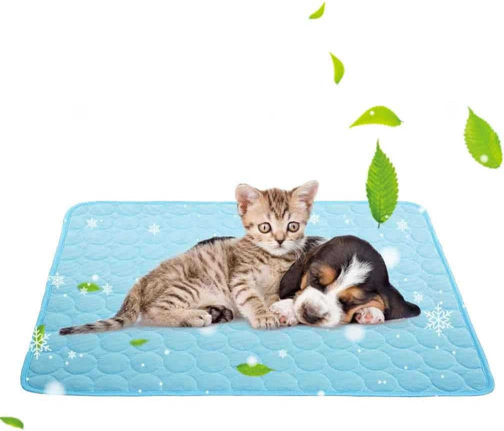 Kitten and sleeping puppy on light blue quilted ice silk self cooling dog pad with snowflake pattern