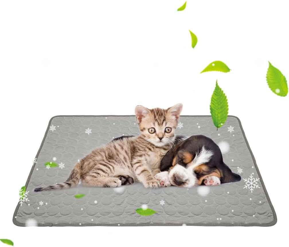 Pawtopix ice silk self cooling dog pad gray quilted mat with kitten and puppy resting together
