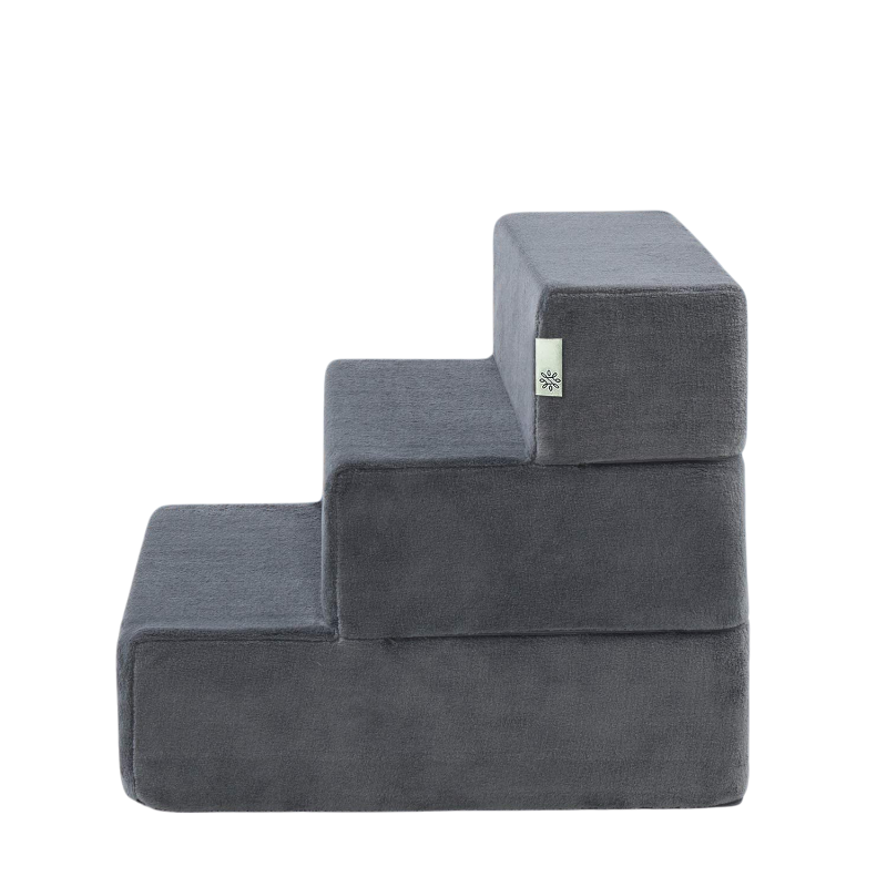 Pawtopix gray three step plush pet stairs, compact foam design for couches and beds, safe indoor stairs for pets
