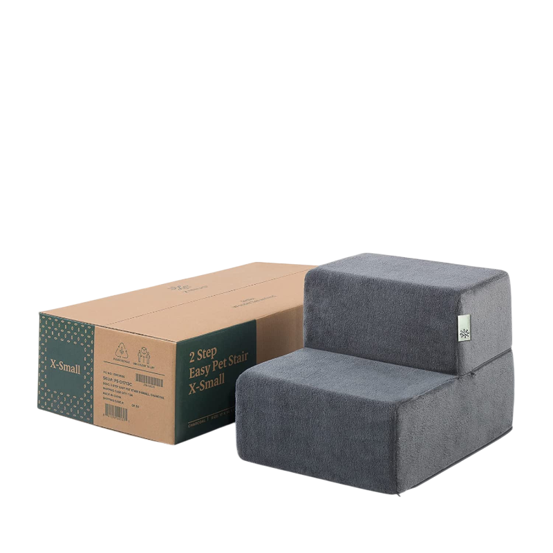 Gray two step foam pet stairs by Pawtopix next to box safe indoor stairs for pets ideal for small dogs and cats
