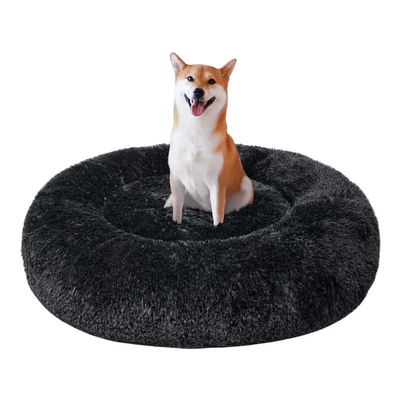 Pawtopix anti-anxiety plush pet bed round charcoal donut with Shiba Inu sitting on fluffy cushion