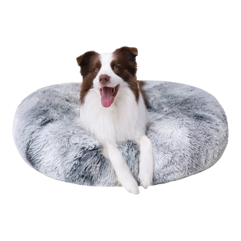 Pawtopix anti-anxiety plush pet bed gray faux fur donut with happy brown and white dog on black