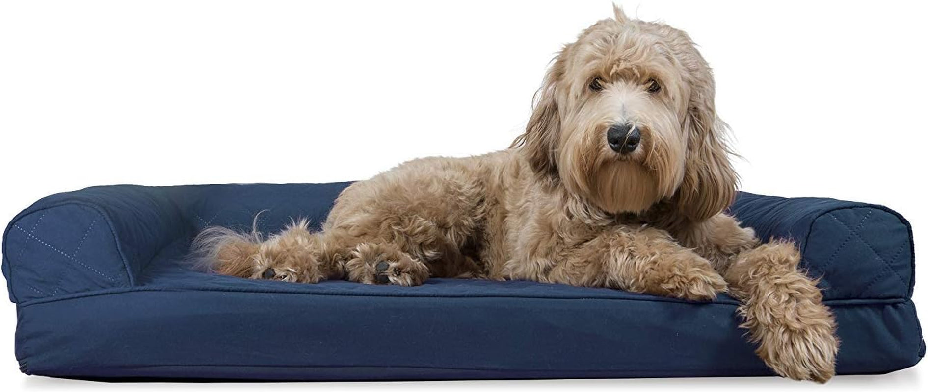 Pawtopix navy bolster cooling gel dog bed for large dogs with goldendoodle resting comfortably