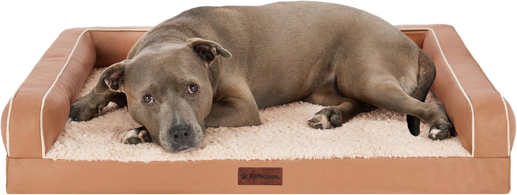 Pawtopix cooling gel dog bed for large dogs with tan faux leather bolsters and plush sherpa cushion