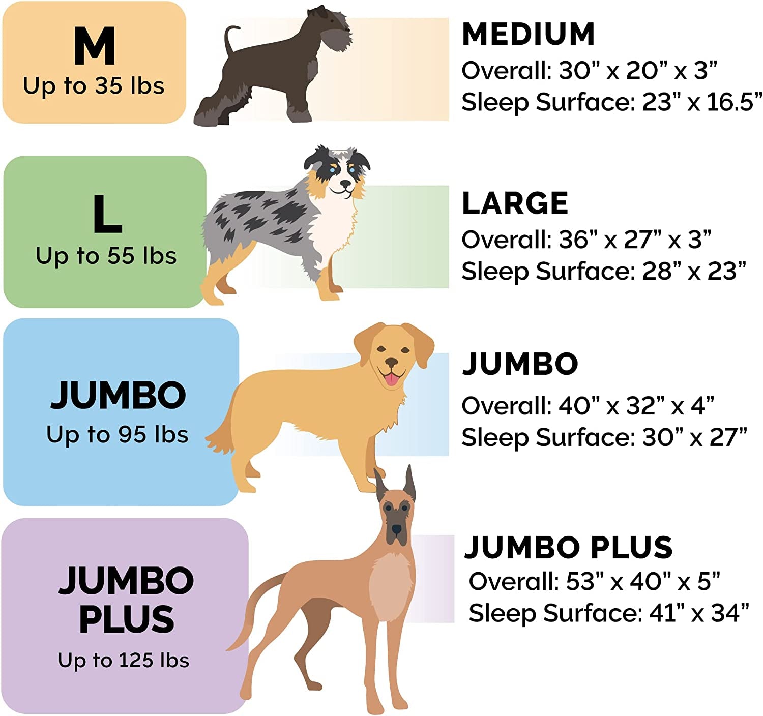 Pawtopix size chart showing Medium Large Jumbo Jumbo Plus dog bed dimensions and cooling gel dog bed for large dogs