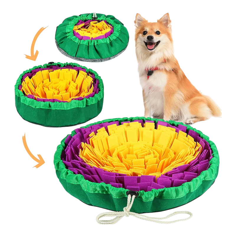 Pawtopix snuffle mat for dogs green round foldable feeding mat with yellow and purple fleece layers and drawstring