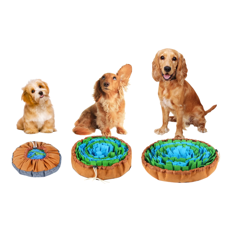 Pawtopix snuffle mat for dogs trio of round layered blue and green for small medium and large dogs on black background