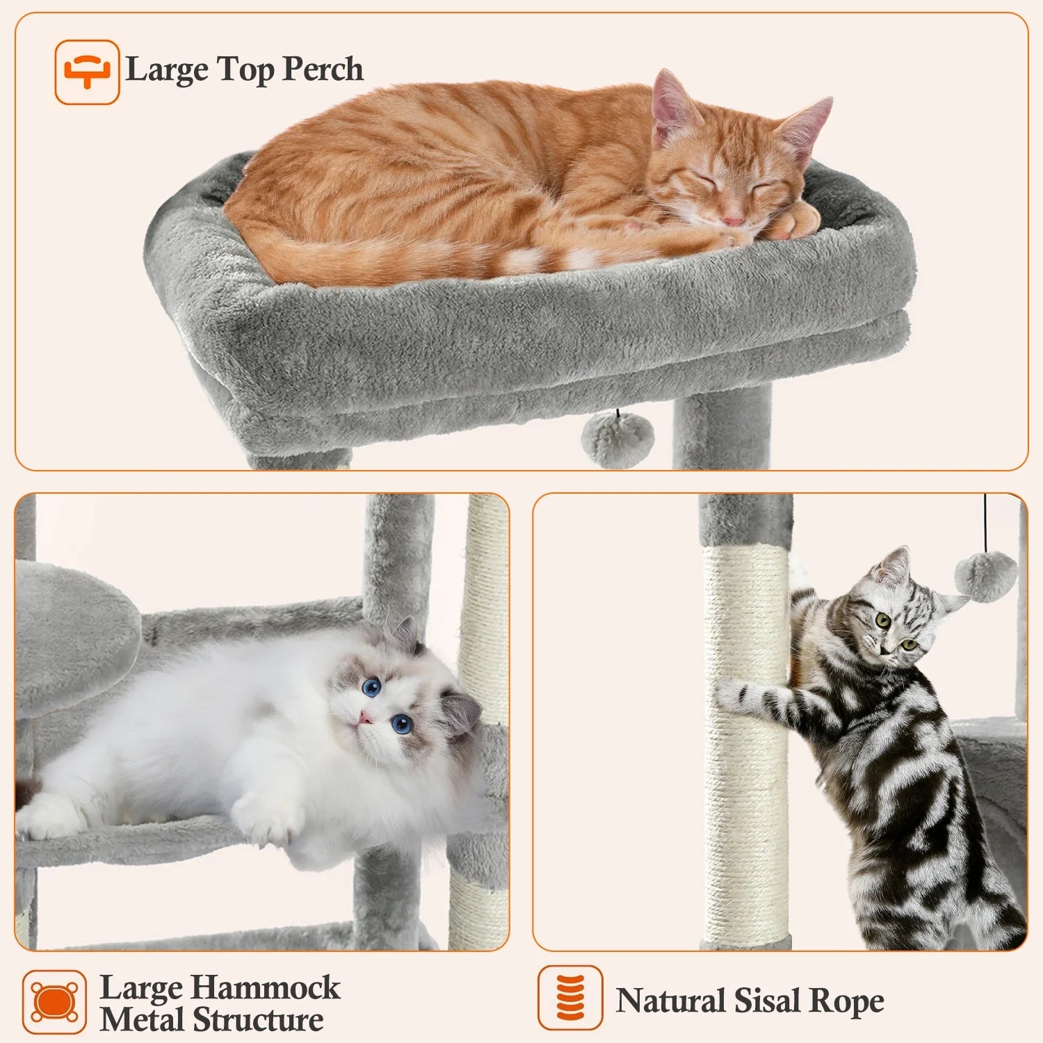 Pawtopix multi-level cat tower with hammock featuring a large top perch, natural sisal rope, and metal structure