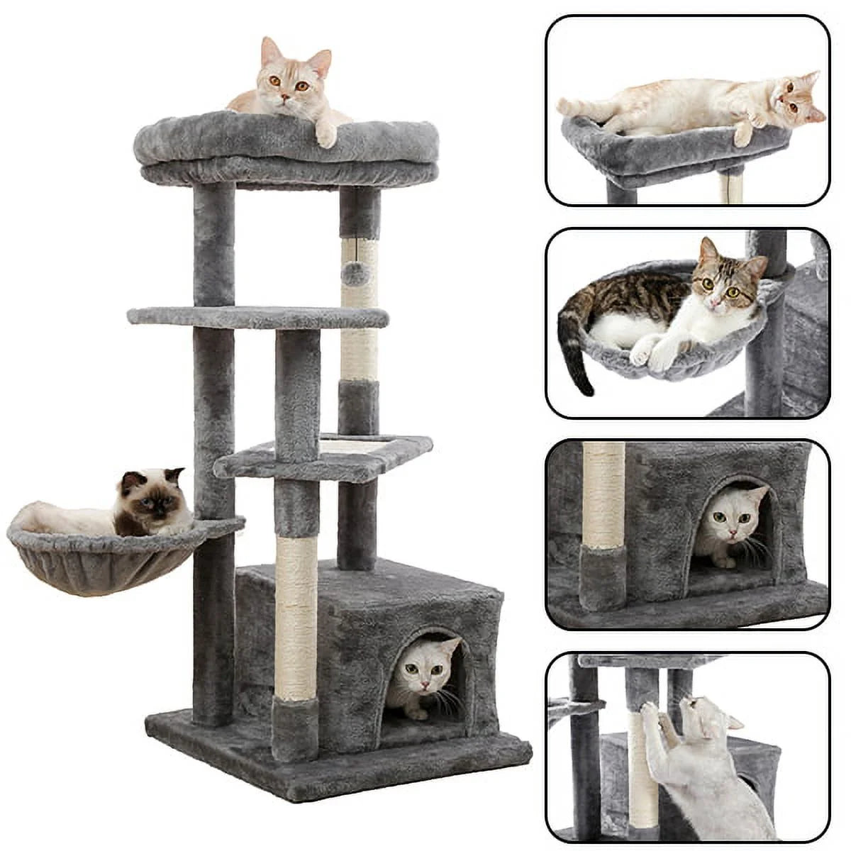 Pawtopix multi-level cat tower with hammock featuring cozy platforms, scratching posts, and hiding cubby for cats
