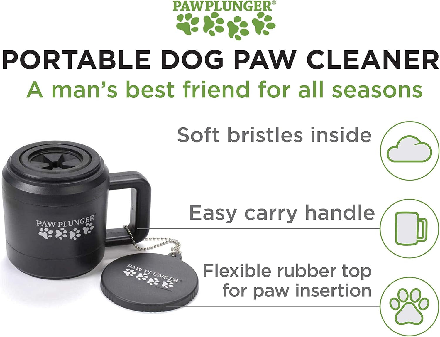 Paw Plunger dog paw cleaning cup with soft bristles, flexible rubber top, and easy carry handle