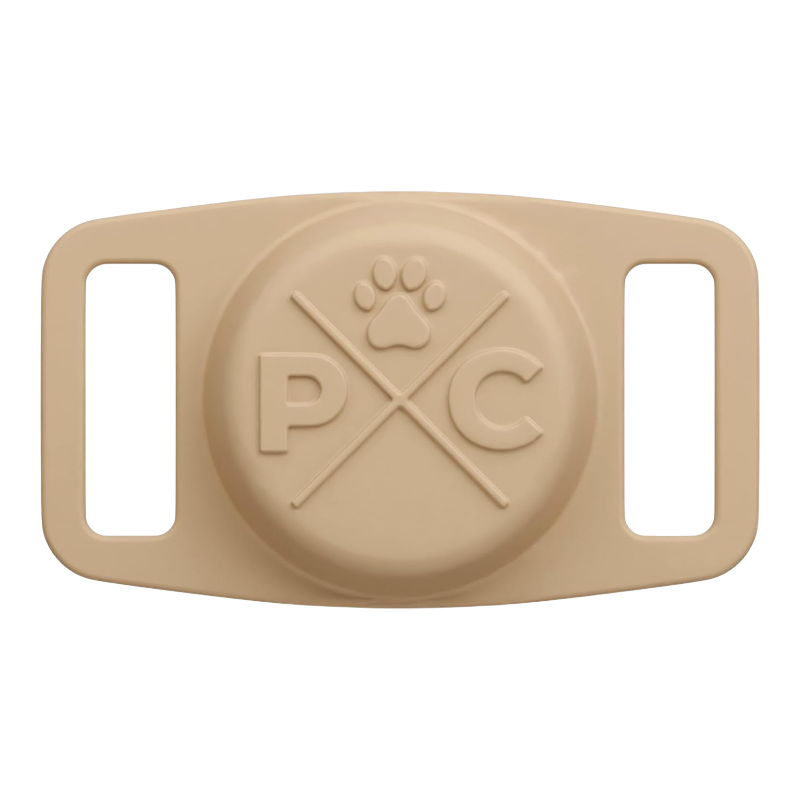 Airtag dog collar holder beige silicone belt loop case with Pawtopix paw logo for secure tracking
