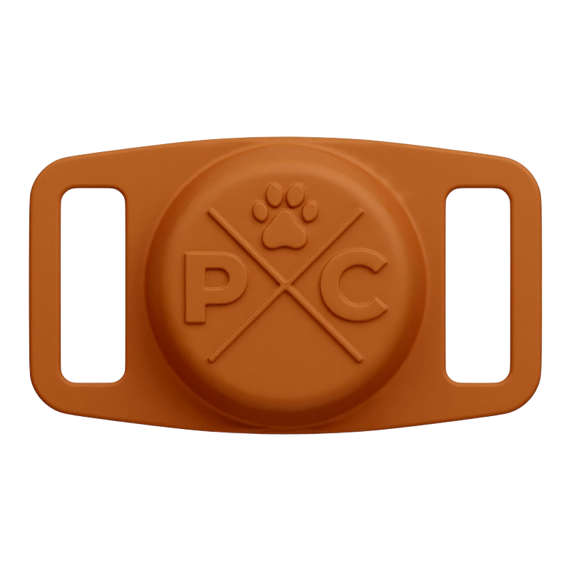 Pawtopix Airtag dog collar holder terracotta silicone case with embossed paw and PXC logo fits standard collars