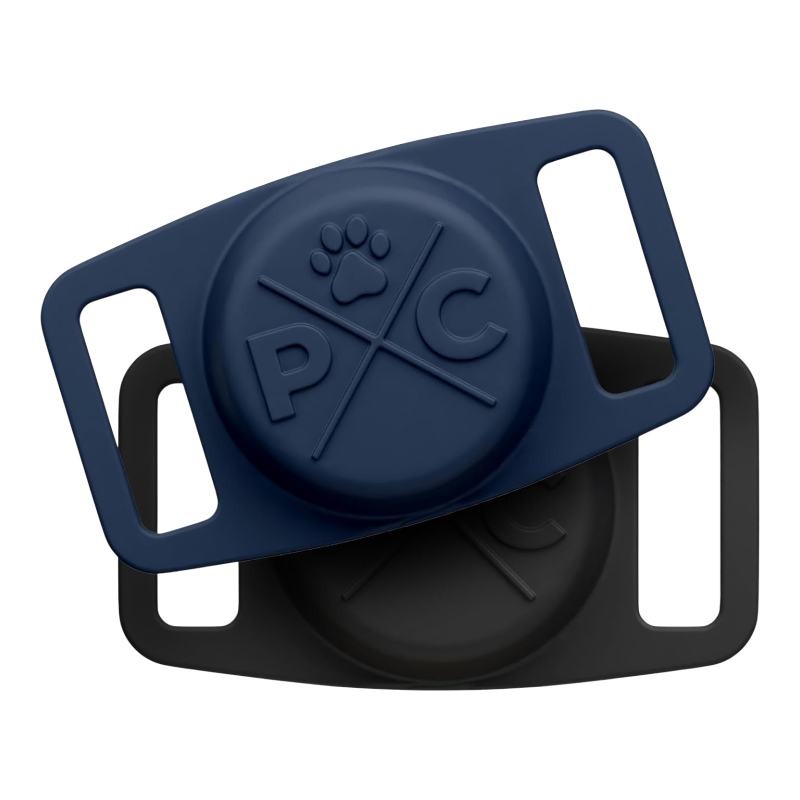 Airtag dog collar holder navy blue silicone mount with embossed paw logo and secondary black holder shown
