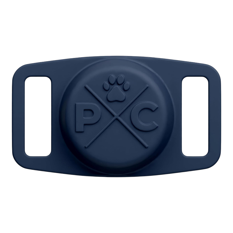 Pawtopix Airtag dog collar holder navy silicone case with paw logo and dual strap slots for secure tracking