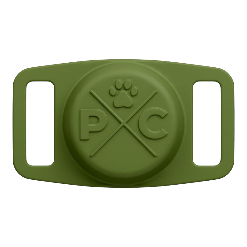 Pawtopix olive green silicone Airtag dog collar holder with paw logo and dual strap slots