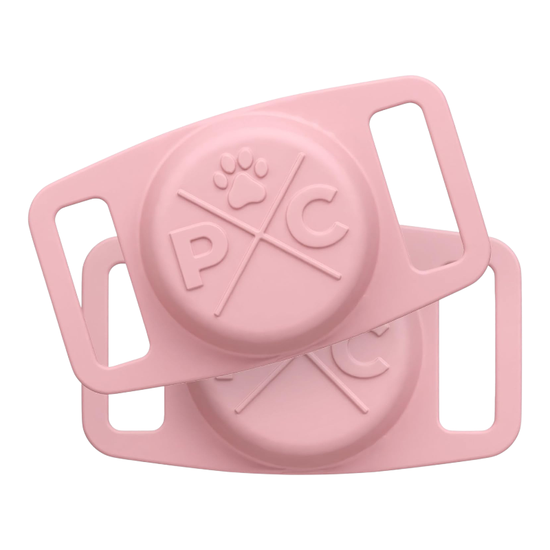 Pawtopix pink silicone Airtag dog collar holder with paw logo and dual strap slots for secure tracking
