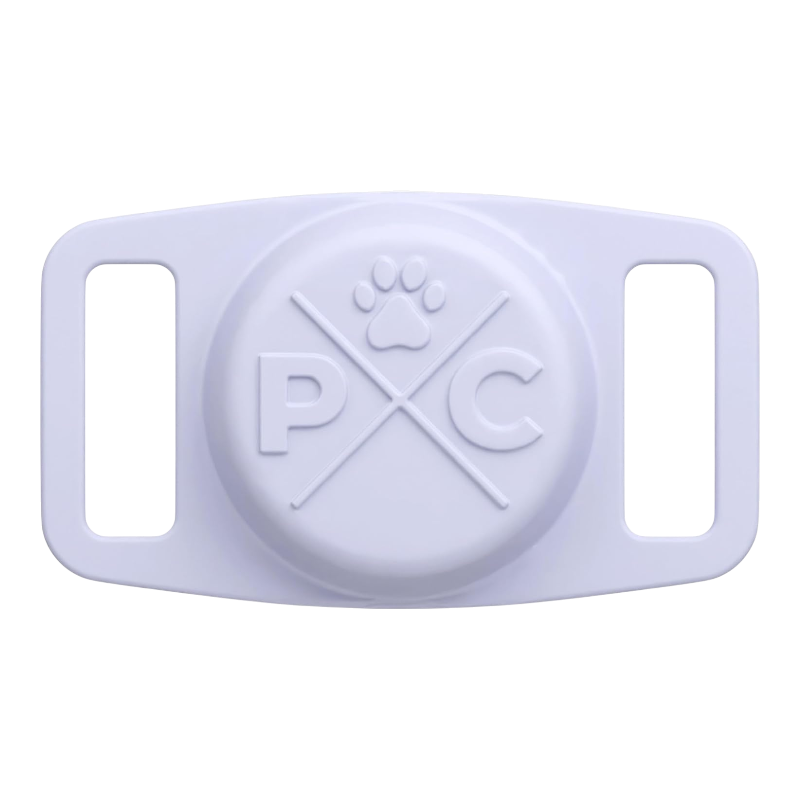 Pawtopix white Airtag dog collar holder with paw logo and dual strap slots compatible with pet collars