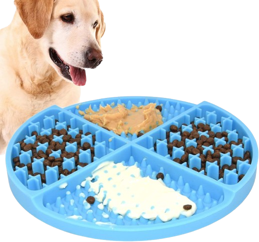 Pawtopix blue round dog licking mat for anxiety divided into sections with peanut butter yogurt and kibble and Labrador dog
