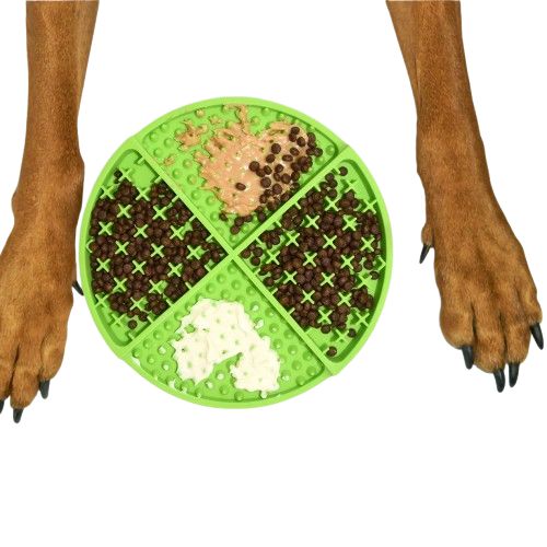 Pawtopix green round divided silicone slow feeder with treats and dog paws dog licking mat for anxiety