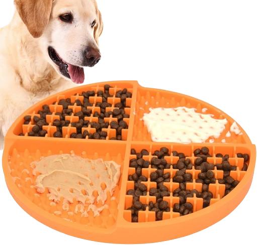 Pawtopix orange divided slow feed mat with kibble and treats and a Labrador demonstrating dog licking mat for anxiety