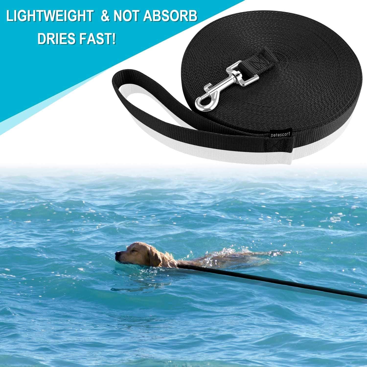 Pawtopix black long waterproof training leash for puppies and small pets with metal clip for swimming