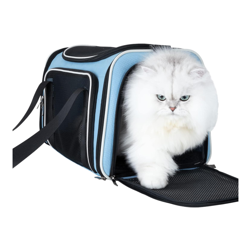 Pawtopix soft travel pet carrier bag in blue and black with mesh panels and a fluffy white cat