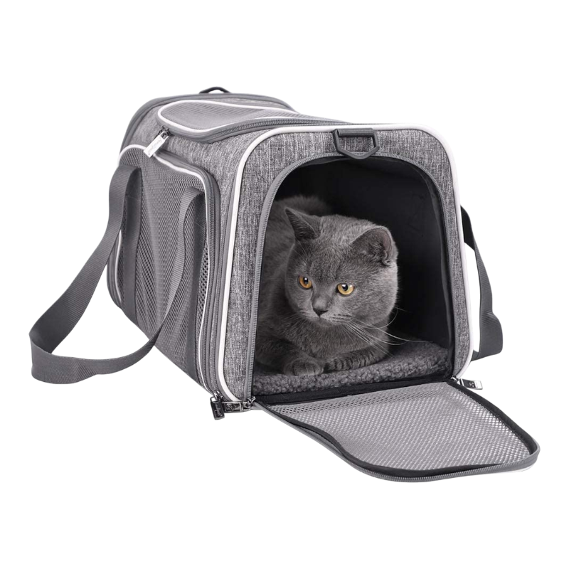 Pawtopix soft travel pet carrier bag gray fabric with mesh sides padded mat and shoulder strap showing cat