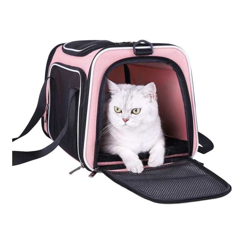Pawtopix pink soft travel pet carrier bag with mesh windows front zip opening and shoulder strap cat inside