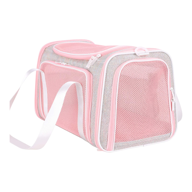 Pawtopix pink mesh soft travel pet carrier bag with white shoulder strap and zippered vents