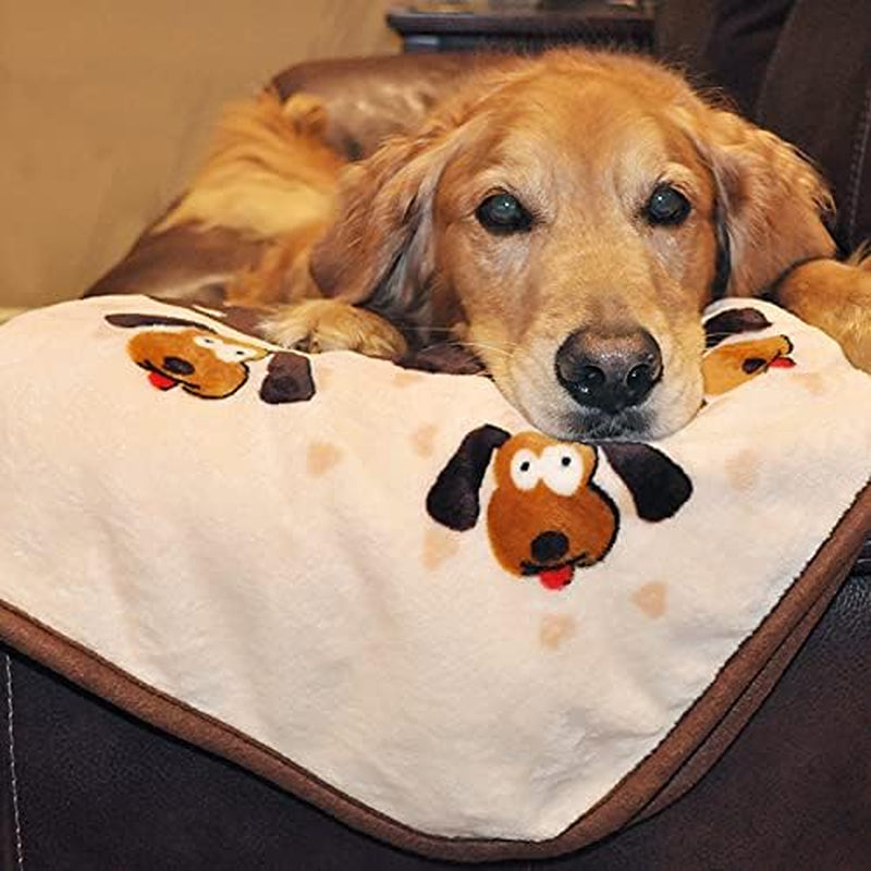 Golden retriever resting on couch with Pawtopix snuggle puppy blanket featuring cartoon dog faces and brown trim