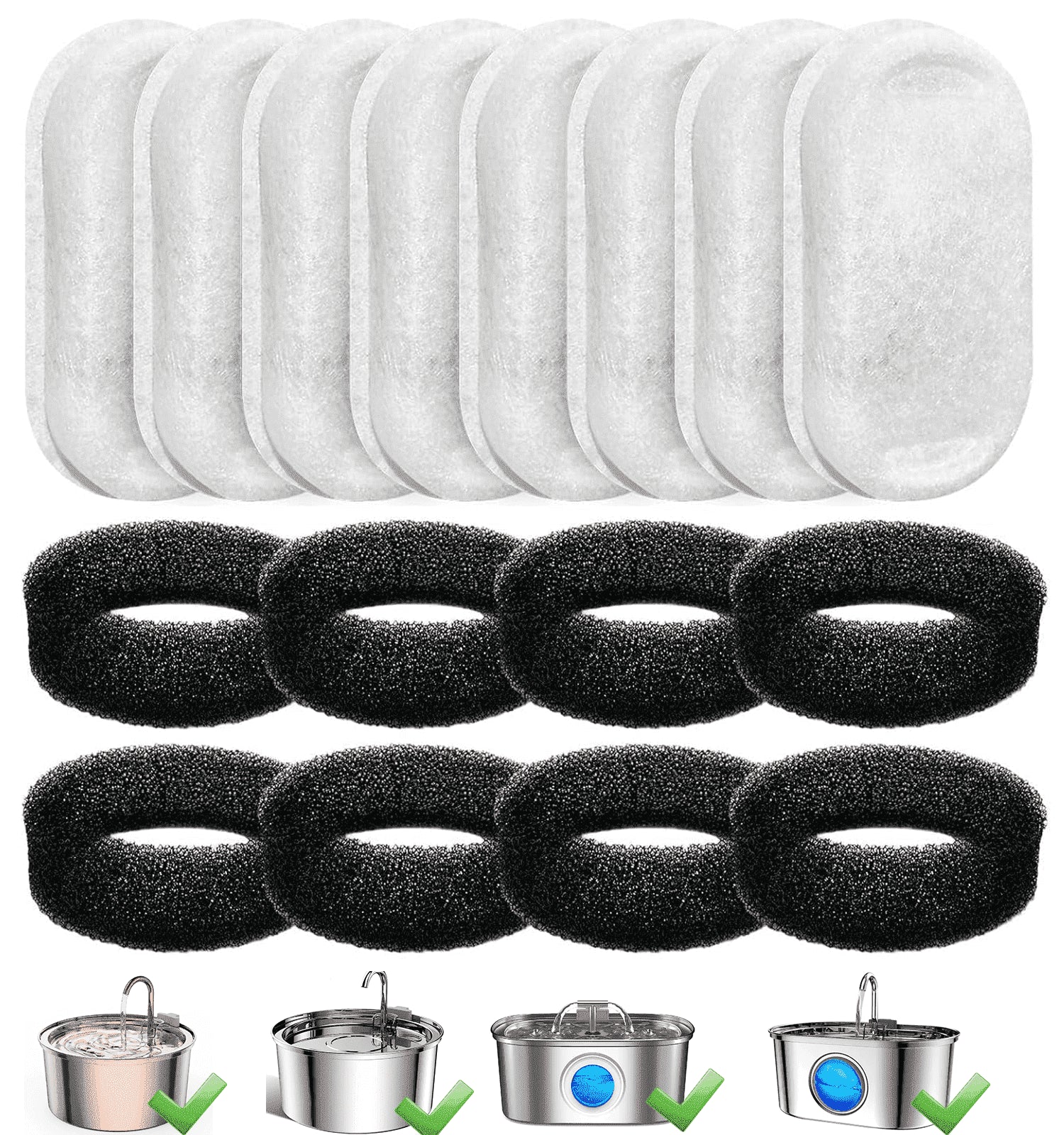 Replacement filters and foams for stainless steel cat water fountain by Pawtopix, compatible with multiple fountain models