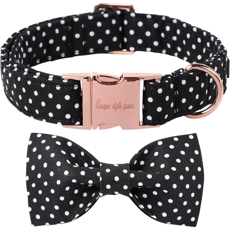 Pawtopix black polka dot cotton dog collar with bow and rose gold buckle adjustable pet accessory