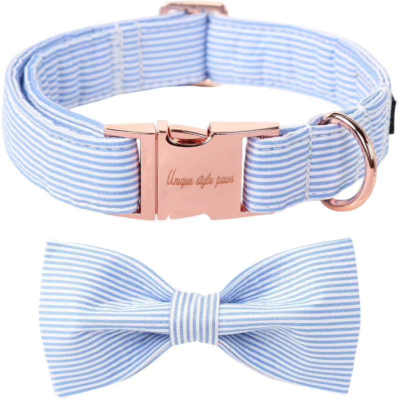 Light blue and white striped cotton dog collar with bow and rose gold buckle and adjustable D ring