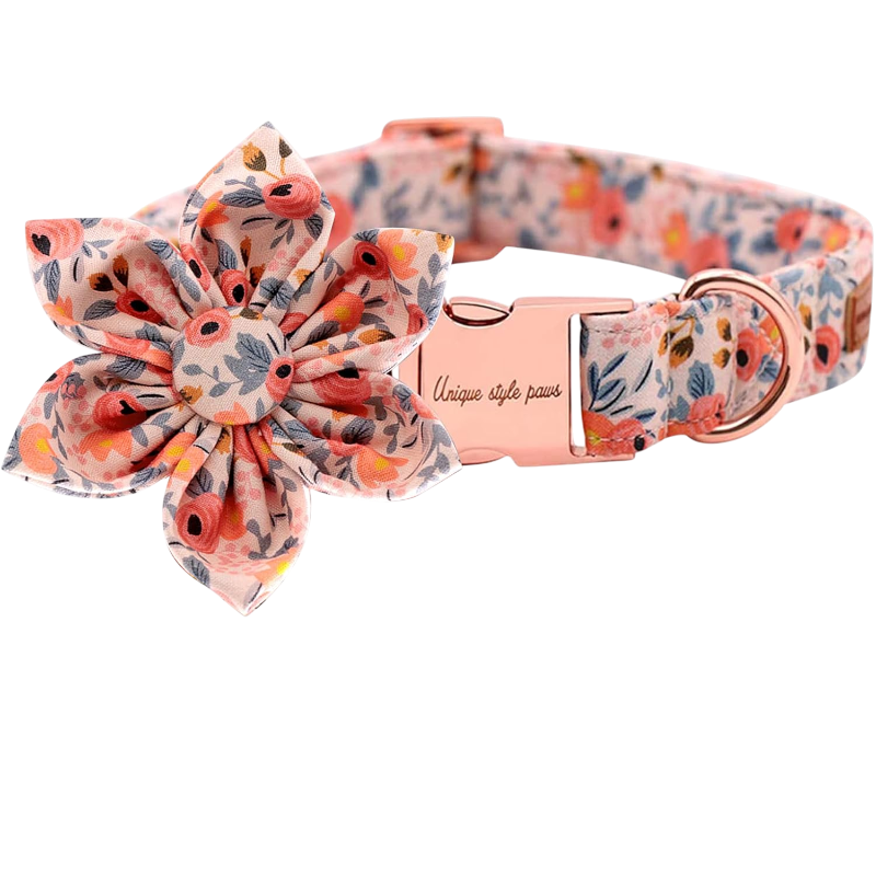 Pink floral cotton dog collar with bow rose gold buckle D ring adjustable stylish accessory for small dogs