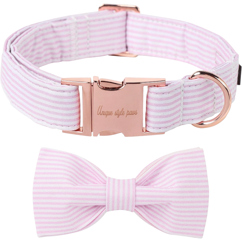 Pawtopix pink striped cotton dog collar with bow featuring rose gold buckle and adjustable strap